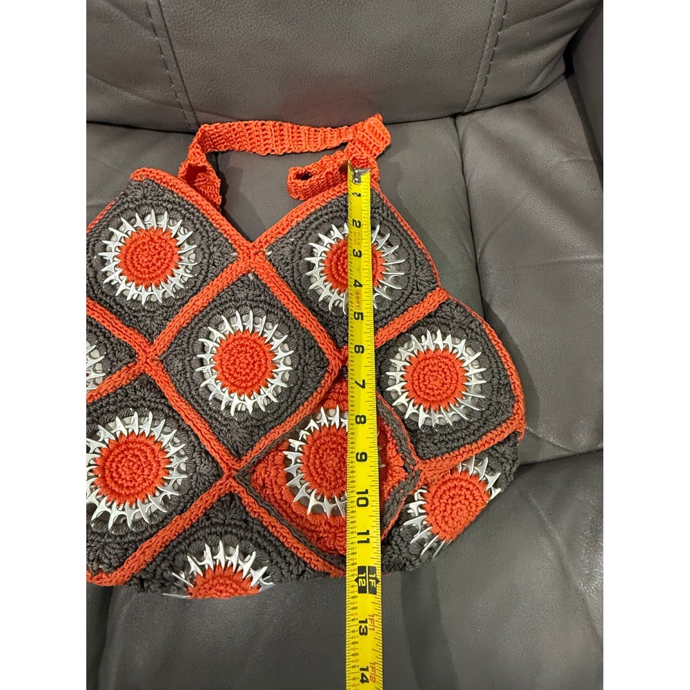 Handmade Crochet Soda Pop Tab Bag‎ Orange Gray Boho Granny Square Lined Tote - Picture 5 of 7